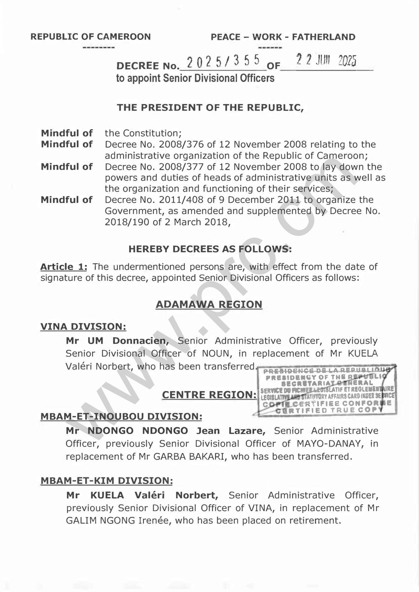 PR_Paul_BIYA's tweet image. Decree to appoint Senior Divisional Officers.
#PaulBiya
#Cameroon