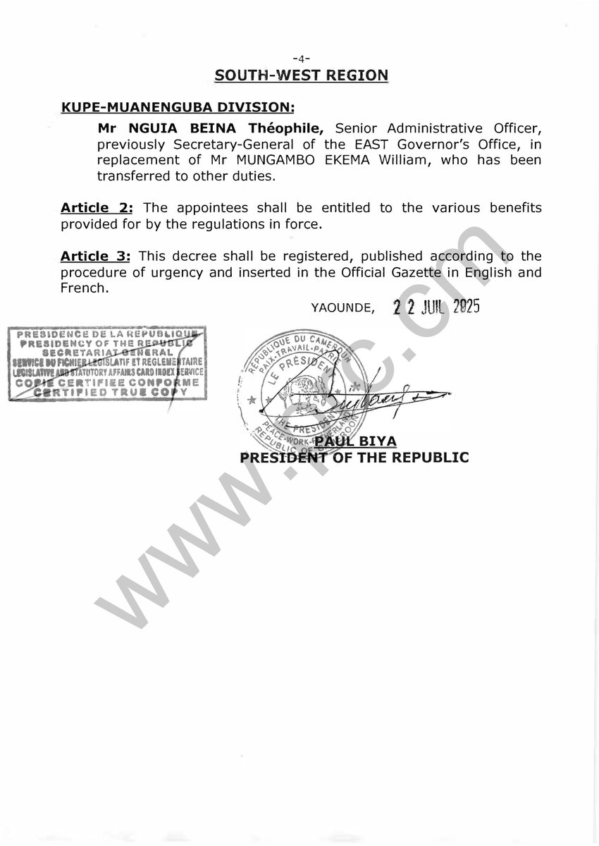 PR_Paul_BIYA's tweet image. Decree to appoint Senior Divisional Officers.
#PaulBiya
#Cameroon