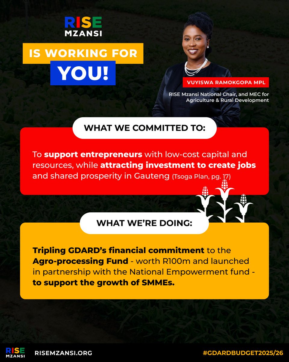 RISEGauteng's tweet image. On Thurs, 17 July, @Rise_Mzansi National Chair and Gauteng MEC for Agriculture and Rural Development, @VuyiswaRamokgop, delivered her department's 2025/26 budget speech.
Here's how she's working to uphold RISE Mzansi's campaign commitments:
#RISEinGovernment
#WeNeedNewLeaders
