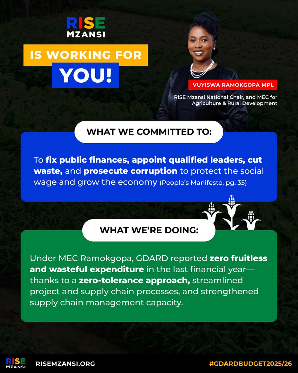 RISEGauteng's tweet image. On Thurs, 17 July, @Rise_Mzansi National Chair and Gauteng MEC for Agriculture and Rural Development, @VuyiswaRamokgop, delivered her department's 2025/26 budget speech.
Here's how she's working to uphold RISE Mzansi's campaign commitments:
#RISEinGovernment
#WeNeedNewLeaders