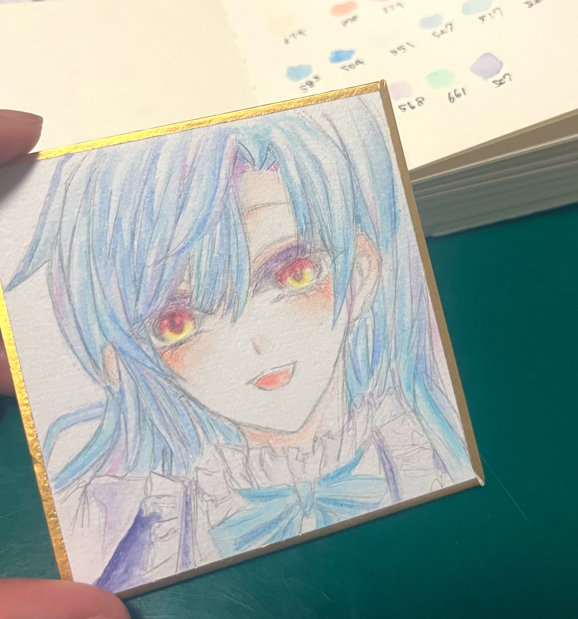 色鉛筆画　　「孫は可愛いな」 新作 色鉛筆画 青を基調とした女性の絵を3点制作いたしました