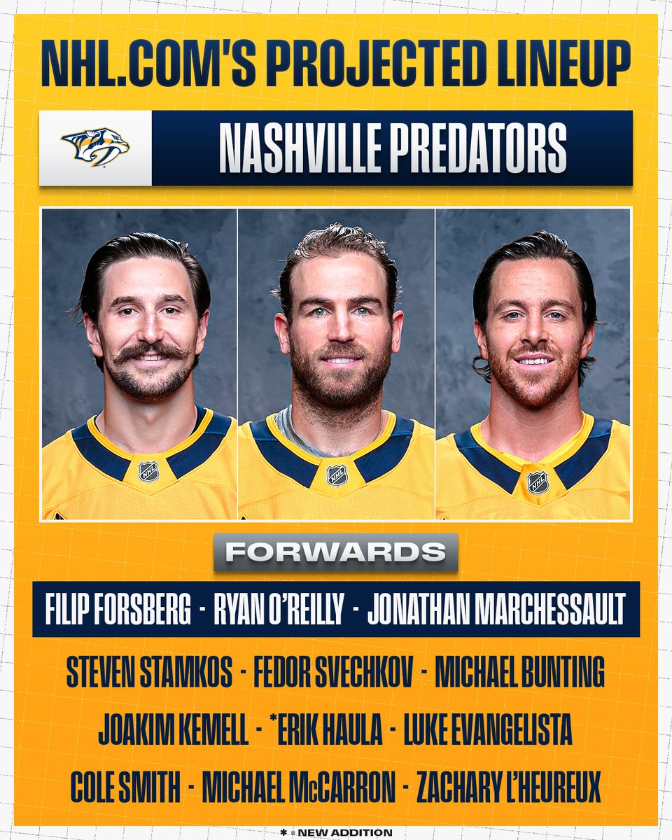 NHL's tweet image. The @PredsNHL are looking to rebound in 2025-26! 💪
Will they be able to with this projected lineup?
Read more from @NHLdotcom ➡️ spr.ly/6019fHgUz