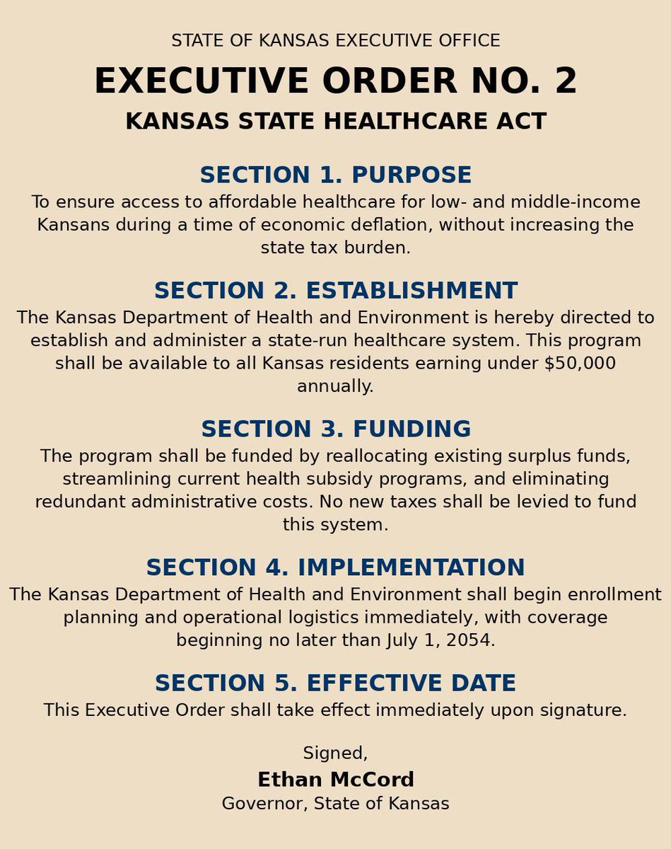 EthanMcCordUSGS's tweet image. Today, I signed Executive Order No. 2 The Kansas State Healthcare Act.
This order creates a state-run healthcare system that guarantees coverage to any Kansan earning under $50,000 a year. No red tape. No new taxes. Just common sense and compassion.
Too many working-class…