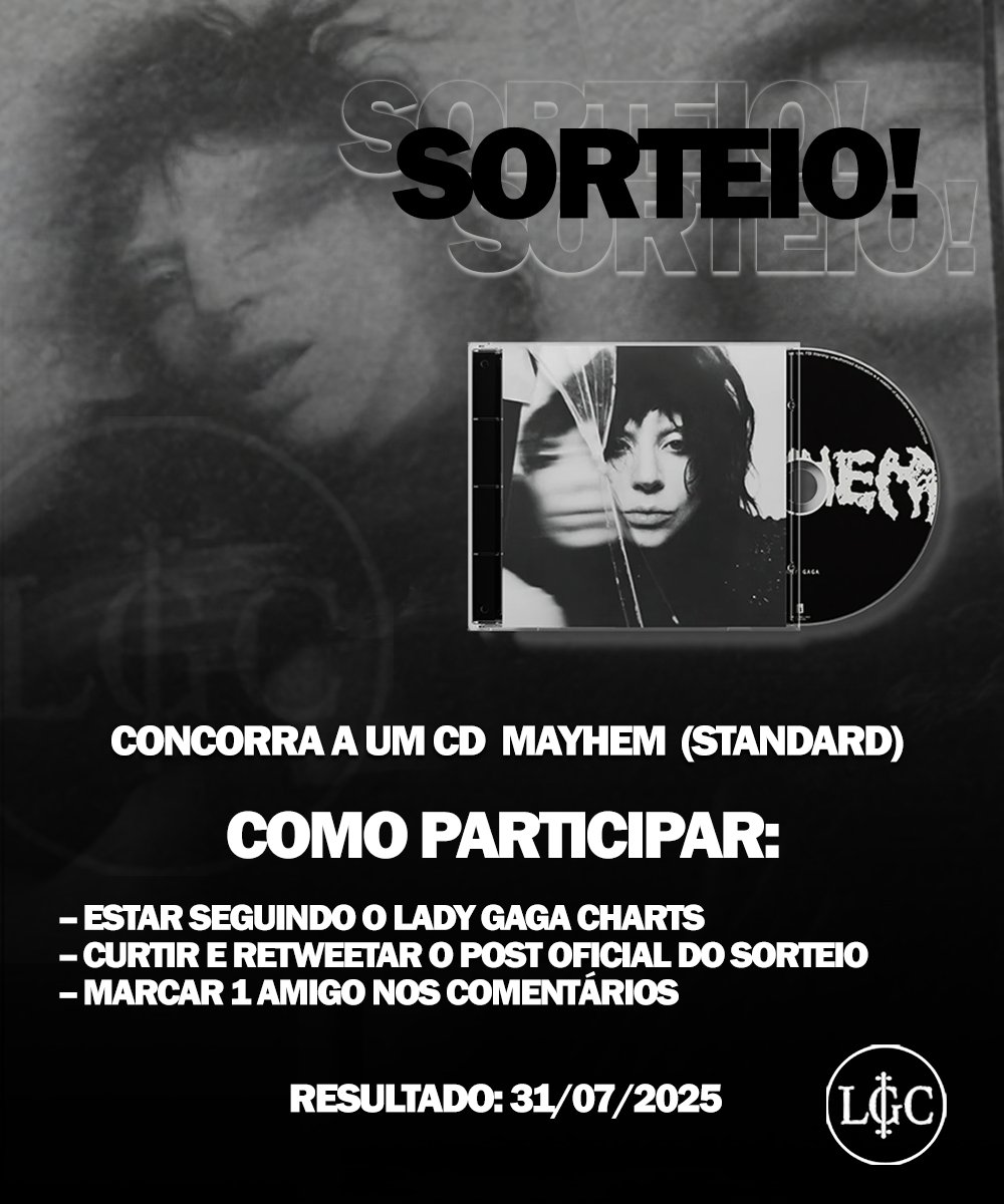chartsladygaga's tweet image. SORTEIO - POST OFICIAL
Quer ganhar um CD do álbum mais ouvido de 2025? O Lady Gaga Charts irá sortear uma cópia física do sétimo álbum de estúdio da Lady Gaga, o aclamado "MAYHEM".
Para concorrer é bem simples:
- Seguir o @chartsladygaga
- Dar like e RT neste tweet
- Marcar 1…