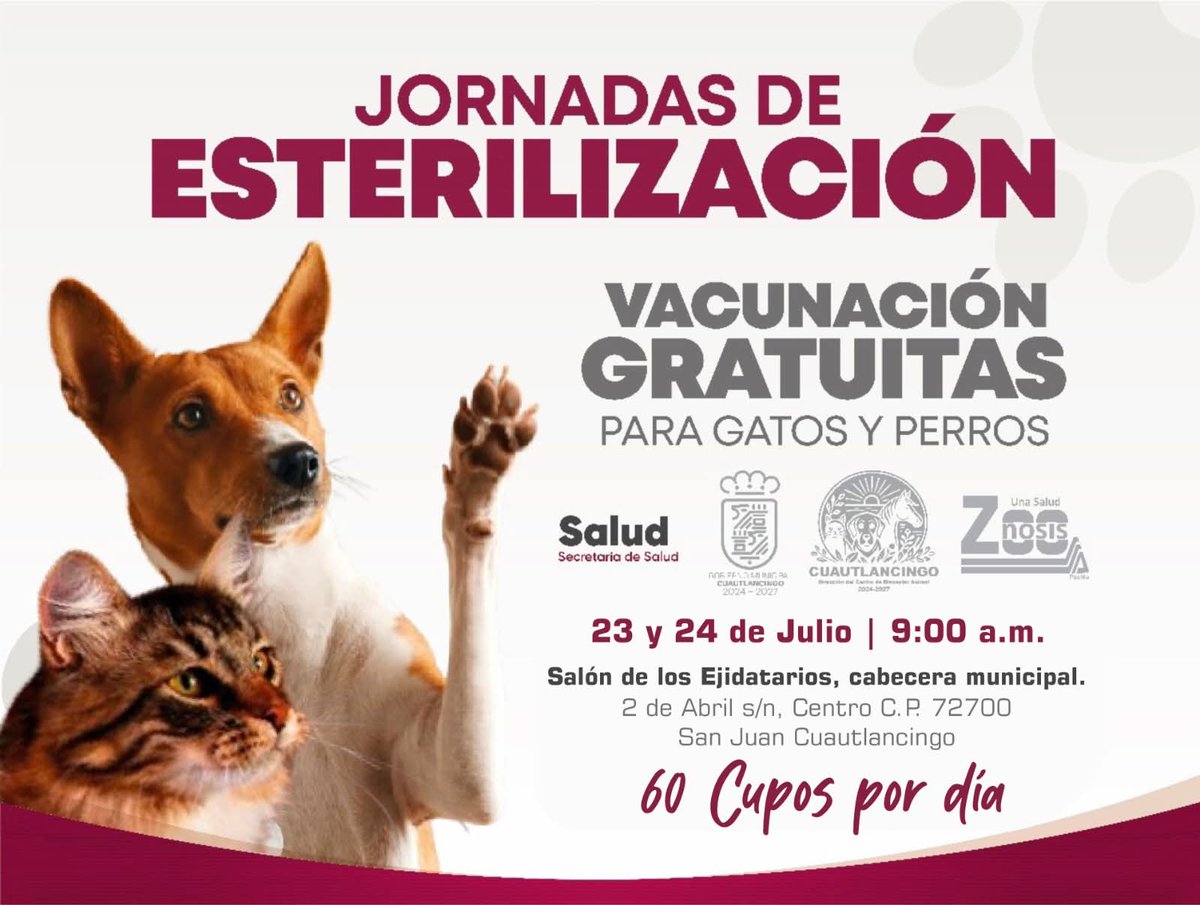 🐶🐱 ¡Esteriliza y vacuna gratis en #Cuautlancingo!
📅 23 y 24 de julio
🕘 Desde 9:00 a.m.
📍 Salón de los Ejidatarios
Lleva a tus lomitos y michis con ayuno, correa, cobija, INE y comprobante de domicilio.
🚫 No se aceptan perros braquicéfalos.

#PoderNoticiaPue