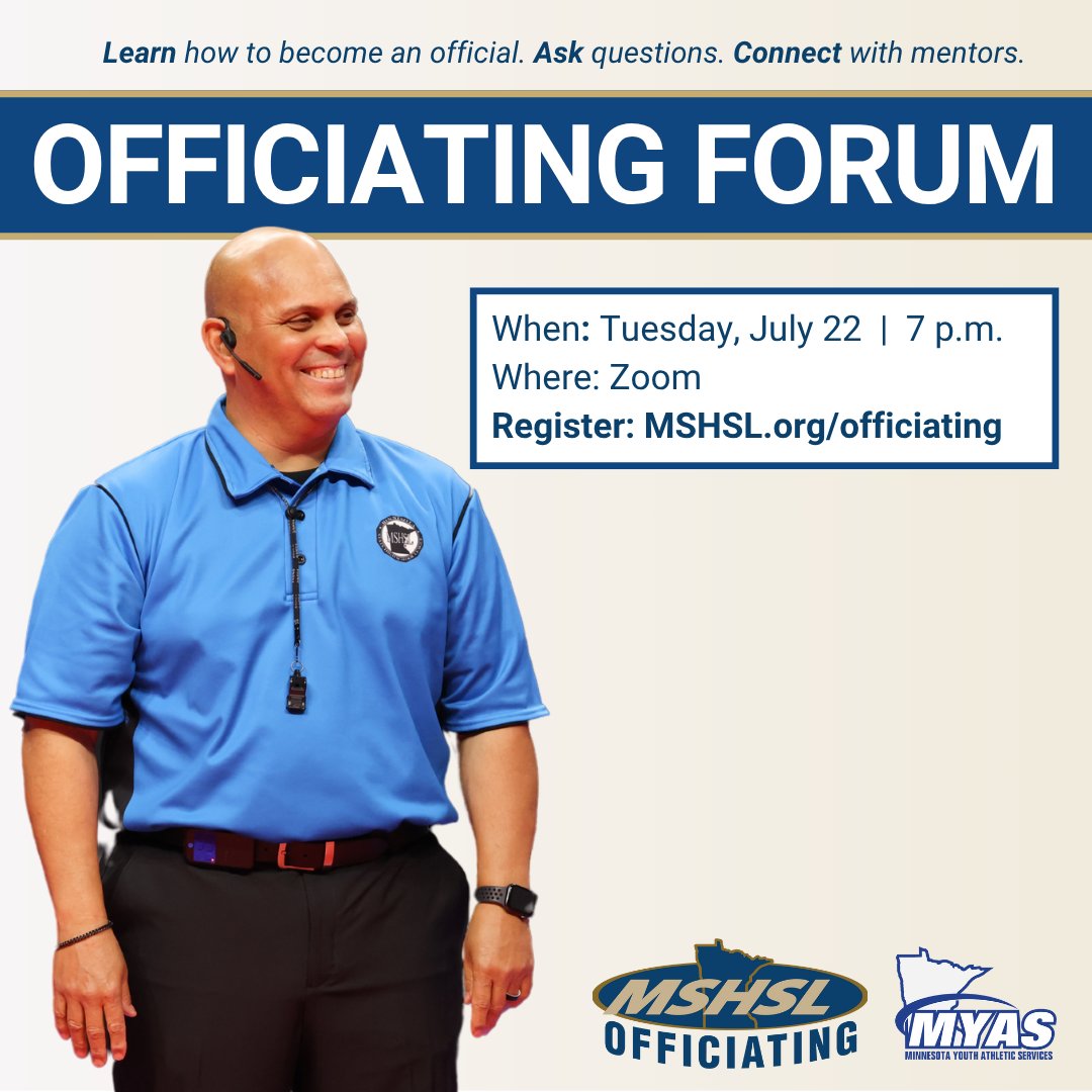 MSHSL's tweet image. Have you registered for tonight's online Officiating Recruitment Forum?
🟦 Learn how to become an official
🟦 Ask questions
🟦 Connect with mentors
Join us: mshsl.org/who-are-you/sp…