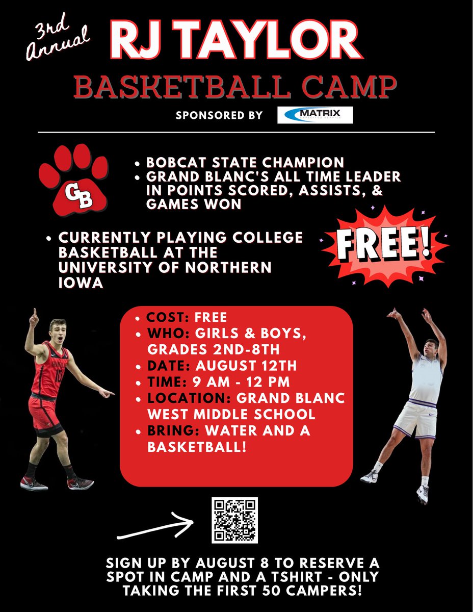 I am excited to announce my 3rd annual basketball camp!! It’ll be FREE of cost!! We are taking the first 50 campers to register!! Special thanks to Matrix Expedited Service for sponsoring camp!! 

forms.gle/AUqFntas76ne1f…