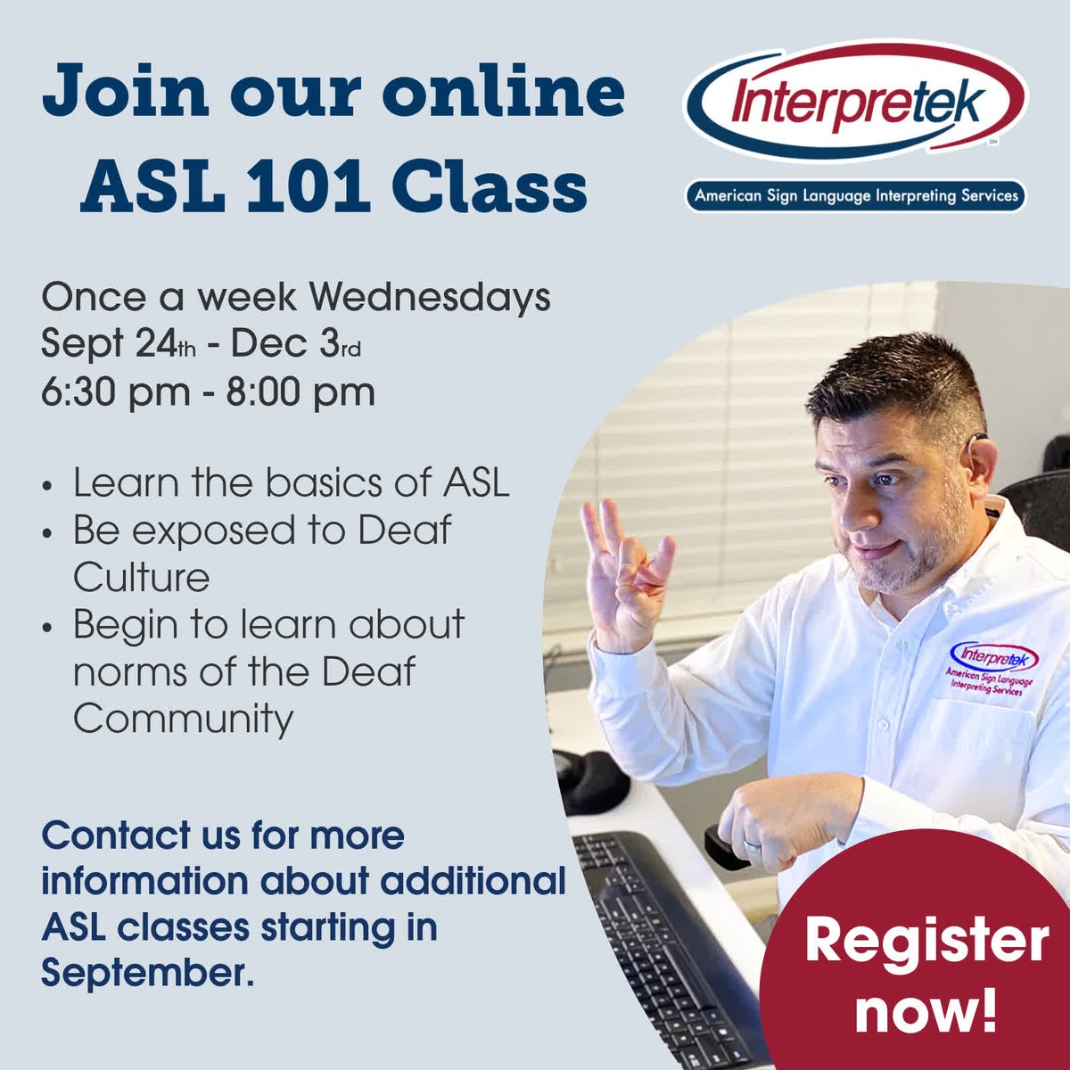 Interpretek's tweet image. Join our online ASL class starting September 24th – December 3rd from 6:30 – 8:00 PM EDT! Don&apos;t miss this opportunity to learn American Sign Language!
Register here  bit.ly/3TOLQTT
Have you taken ASL before and want to learn more? Continue your... bit.ly/4mlSoX4
