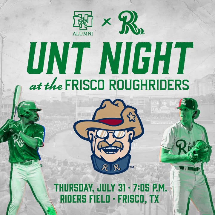 UNTAlumniAssoc's tweet image. ⚾ UNT Night at the Frisco RoughRiders is just days away!
Join us July 31 at 7:05 p.m. — registration closes THIS Thursday, July 25!
🎟️ $25.18 VIP (includes $10 concessions)
🎟️ $15.75 GA | Kids 3 & under free
📅 Register now → bit.ly/4lJU2AK
#UNTAlumni #MeanGreen