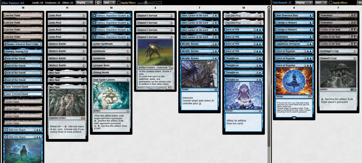 ThrabenU's tweet image. Just picked up a trophy with Mono Blue Painter. List felt really solid. Beat multiple Reanimator opponents on the way to the 5-0. League will be available to YT Members shortly! List on Moxfield already too! #mtglegacy