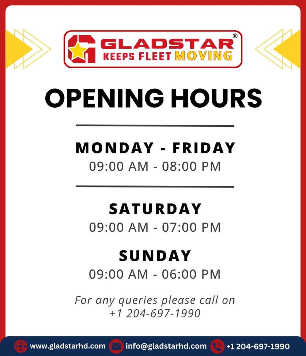 _GladStar's tweet image. Our Opening and Closing Hours to keep you updated 🚛 🚛 
Your safety, our priority !!

Contact us at 2046971990

Visit us at Unit-10-3129 Red Fife Road, Rosser, Winnipeg, Manitoba for all your heavy-duty parts and accessories needs.

#GladstarHeavyDuty #truckpartsforsale #trucker