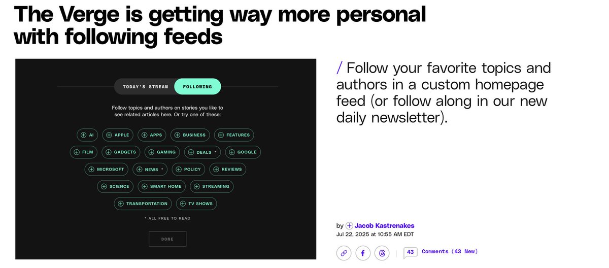 loudmouthjulia's tweet image. Adore this new Verge feature. Social referral is down, and there's an RSS-social experience gap, a website with a highly loyal audience creating "want to have" features tied into "need to have" content (news) can increase engagement and even convert some free readers to paid subs