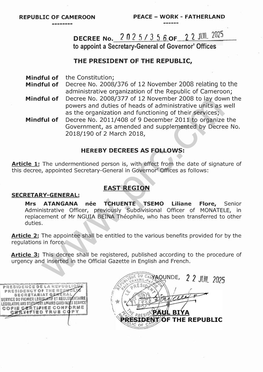 PR_Paul_BIYA's tweet image. Decree to appoint a Secretary-General of Governor’ Offices.
#PaulBiya
#Cameroon