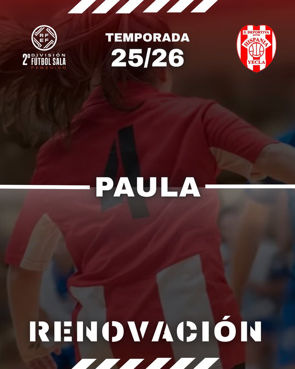 sd_hispania's tweet photo. 𝗥𝗘𝗡𝗢𝗩𝗔𝗖𝗜𝗢́𝗡 |

Paula renueva un año más ⚽🔥

La pasada temporada tampoco fue fácil para ella. Una lesión al inicio la llevó al quirófano. 

Sigue trabajando en su recuperación, con la actitud y entrega que la definen. Ya queda menos.

¡Te esperamos en la pista! ❤️🤍 https://t.co/kdmUryyCVw