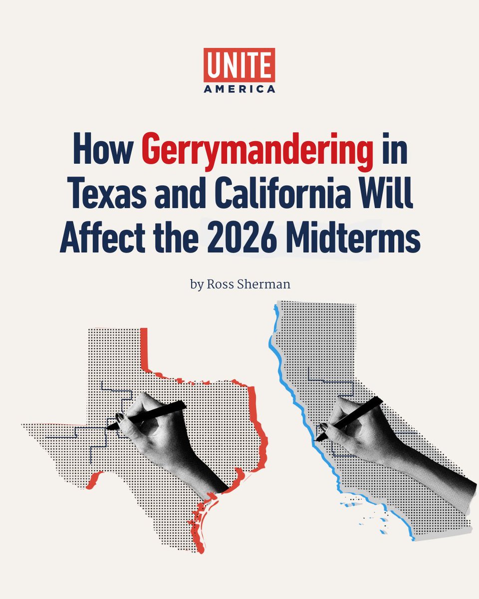 uniteamerica's tweet image. The 2026 midterms are shaping up to be the least competitive in modern history — and Texas and California’s gerrymandering could make it worse.
At Trump's urging, @TexasGOP is preparing to redraw maps for 5 more safe GOP seats. In response, @CAGovernor @GavinNewsom is…