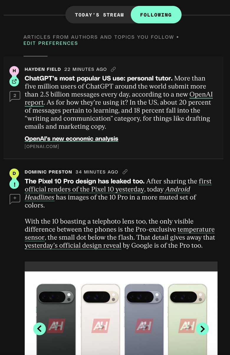 loudmouthjulia's tweet image. Adore this new Verge feature. Social referral is down, and there's an RSS-social experience gap, a website with a highly loyal audience creating "want to have" features tied into "need to have" content (news) can increase engagement and even convert some free readers to paid subs