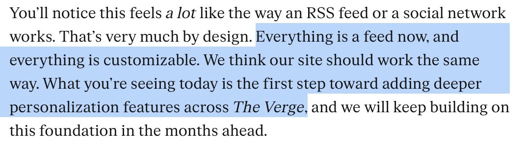 loudmouthjulia's tweet image. Adore this new Verge feature. Social referral is down, and there's an RSS-social experience gap, a website with a highly loyal audience creating "want to have" features tied into "need to have" content (news) can increase engagement and even convert some free readers to paid subs