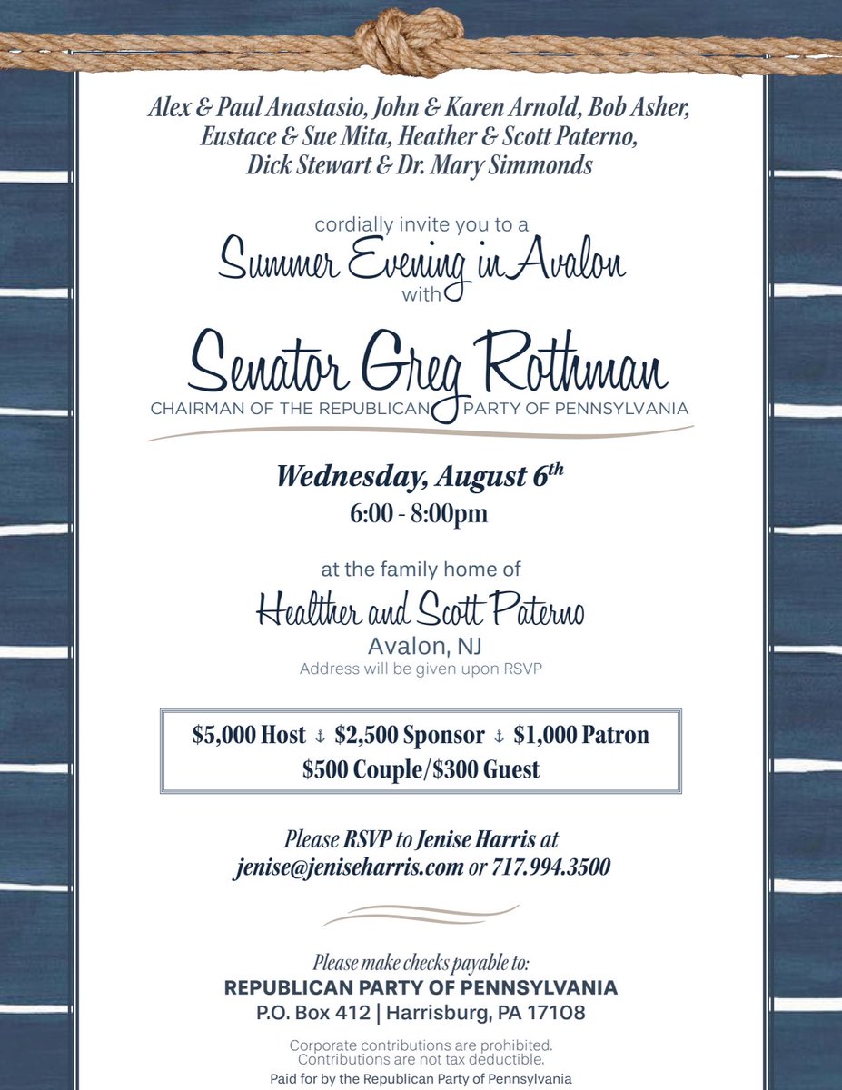 wgregrothman's tweet image. Come to the beach and support the @PAGOP at a “Summer Evening in Avalon”🐘🇺🇸🦅🐘🇺🇸🦅🇺🇸