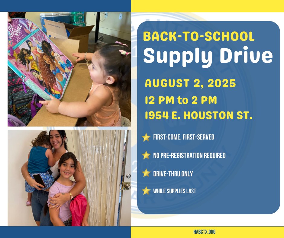 Calling all parents and families! Mark your calendars!
HABC School Supply Drive
1954 E. Houston St.
Saturday, August 2nd
12 to 2 PM
#backtoschooldrive