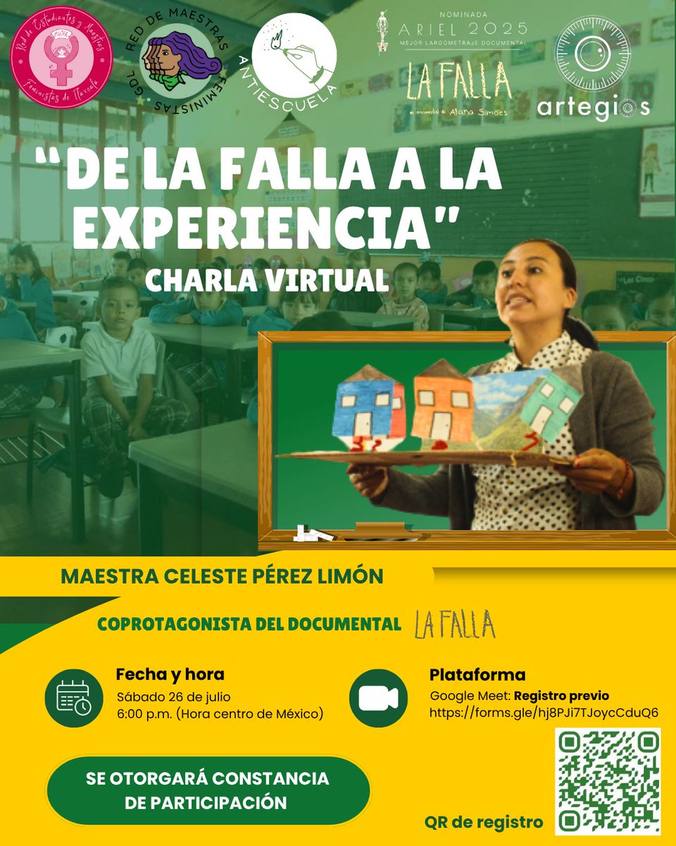 maestrasfemgdl's tweet photo. 👩🏻🏫🎬 De La Falla a la Experiencia
La Red de Estudiantes y Maestras Feministas de Tlaxcala, la Red de Maestras Feministas GDL, y La Antiescuela te invitan a una CHARLA VIRTUAL con la MTRA. CELESTE PÉREZ LIMÓN coprotagonista del documental #LAFALLA dirigida por Alana Simões https://t.co/uvmB5kj39t