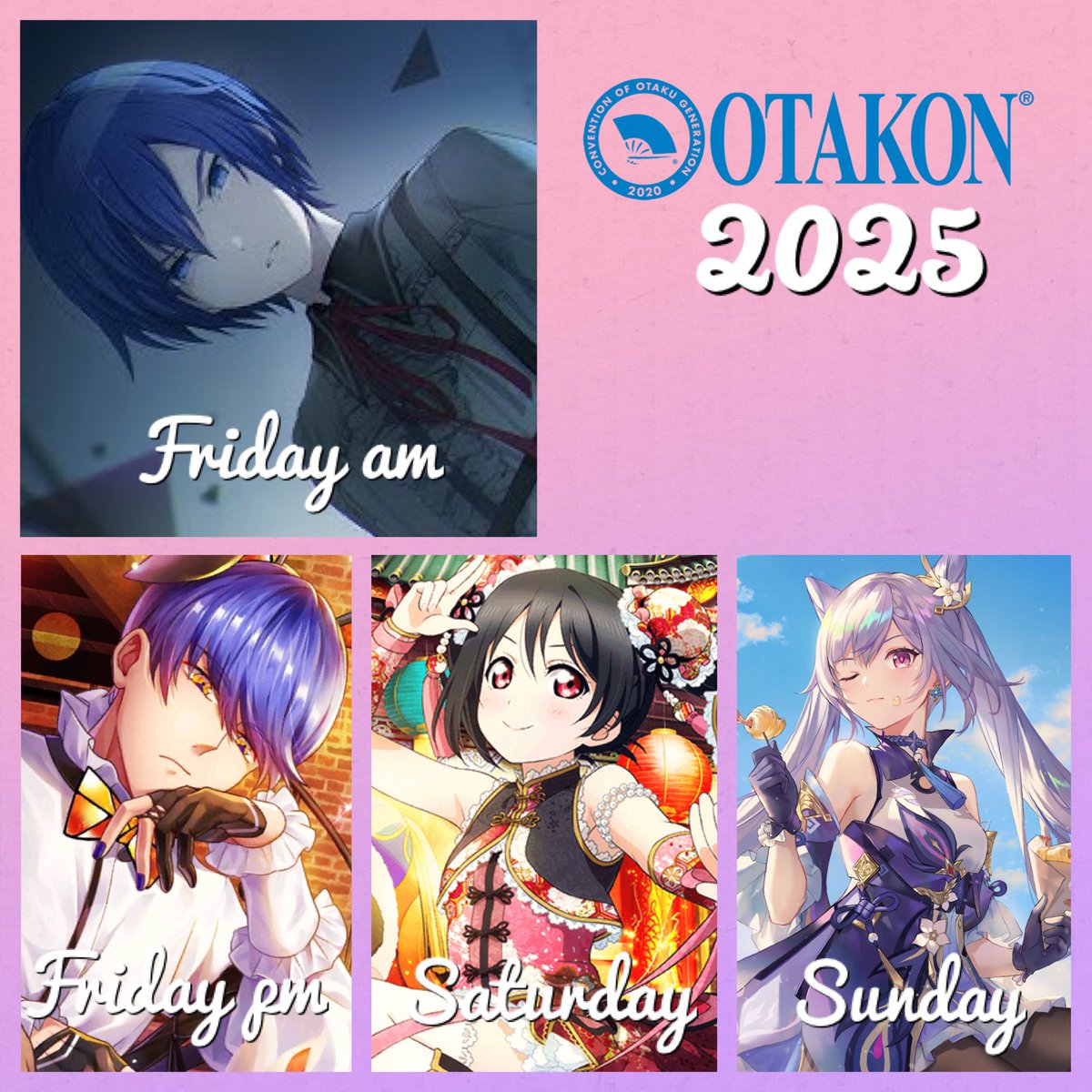 kunikidaze's tweet image. #Otakon2025 cosplay lineup!! 
Friday am: Nightcord Kaito (PRSK)
Friday pm: Bunny Leviathan (Obey Me)
Saturday: China dress Nico (LL!)
Sunday: Keqing (Genshin Impact)
hope to see you there! come find my friend and I on Friday night for a little  [fake] carrot! 🥕