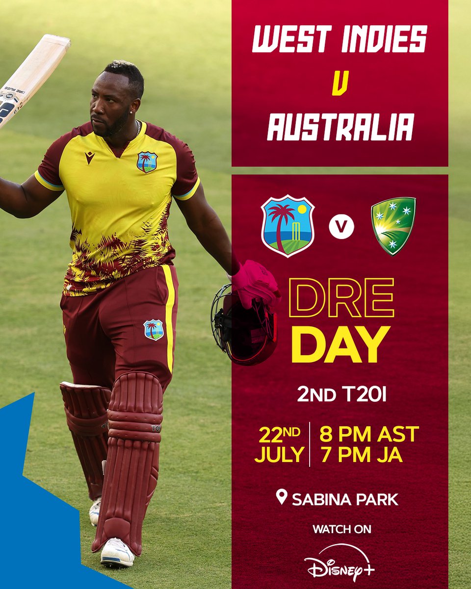 windiescricket's tweet image. It’s a match. It’s a party. It’s DRE DAY! 🥳
Today, we celebrate Andre Russell in his final International showdown!
BUY 1 GET 1 tickets available on windiescricket.com
#WIvAUS | #FullAhEnergy