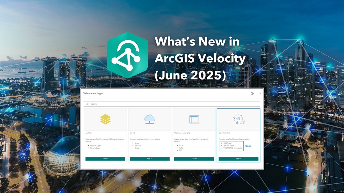 ArcGISOnline's tweet image. June 2025 update of #ArcGISVelocity introduces exciting new features and enhancements! A new integration with @trimble for data-driven work order automation, several new data provider feeds, and analytic tools. Get more details: ow.ly/18AS50WkuhJ