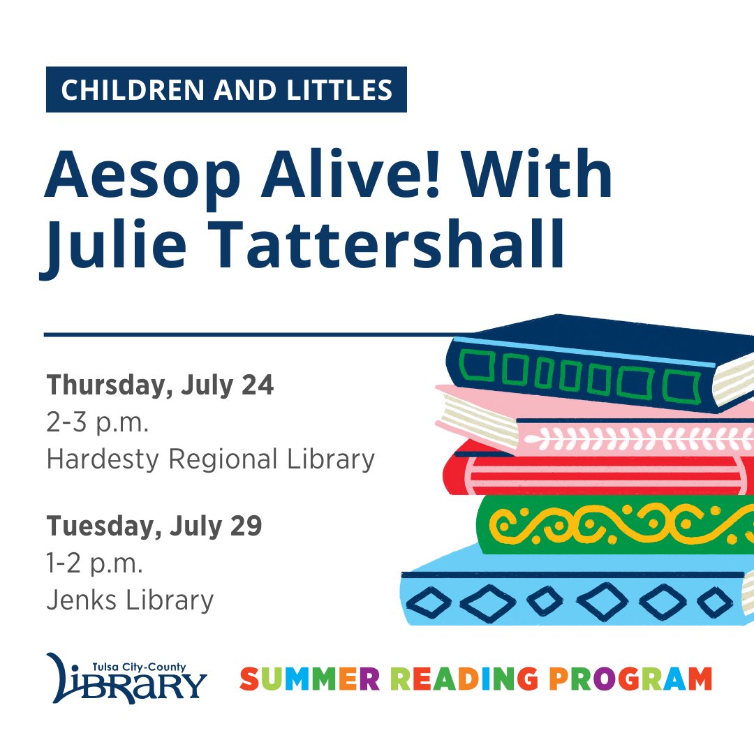 tulsalibrary's tweet image. Julie Tattershall is bringing Aesop Alive! to the library this week! In Aesop Alive!, Tattershall plays all the roles in familiar fables, like “The Ant and the Grasshopper” and “The Hare and the Tortoise.”
Find more Summer Reading Program events at tulsalibrary.org/summer.