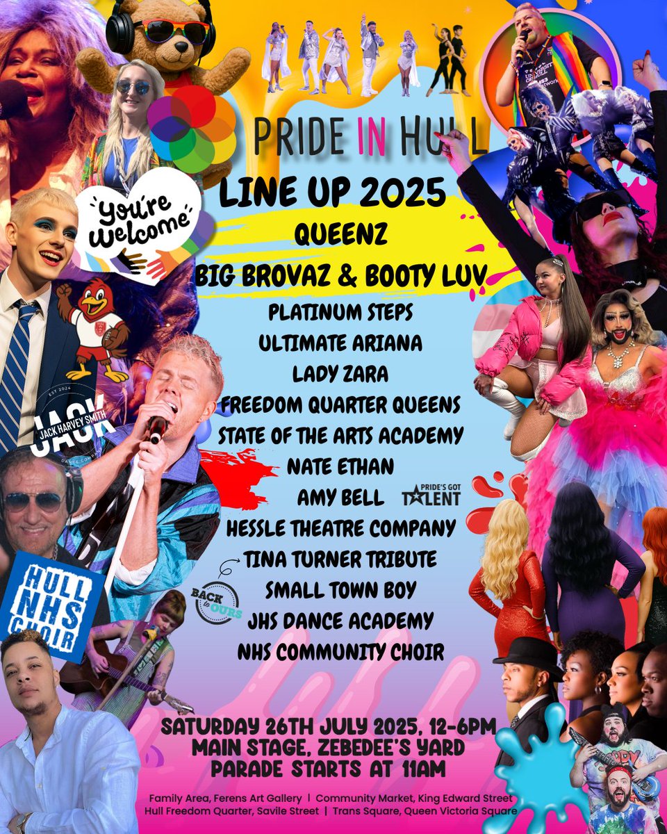 prideinhull's tweet image. 🎉 We're excited to announce the official line-up for Pride in Hull 2025: You're Welcome! 🏳️🌈🏳️⚧️ Join us on Saturday, July 26 at the Main Stage, Zebedee’s Yard. 😁👉 More info: bit.ly/3Wt2Y4 #PrideInHull #Pride2025
