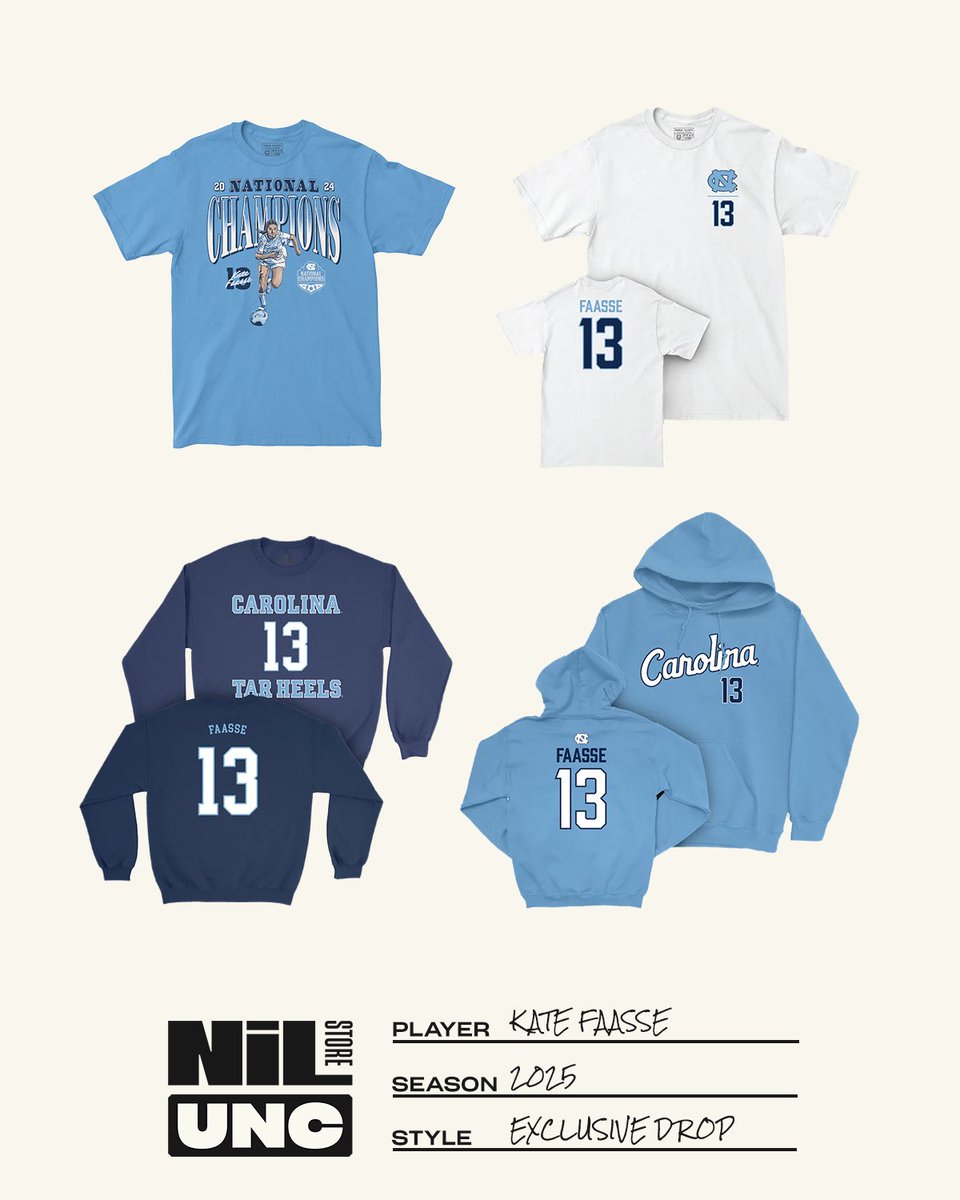 uncnilstore's tweet image. You know you want to support @FaasseKate in the off season!
Do so with merchandise fromthe UNC NIL Store!⚽️
🔗 nil.store/unc/unc-kate-f…