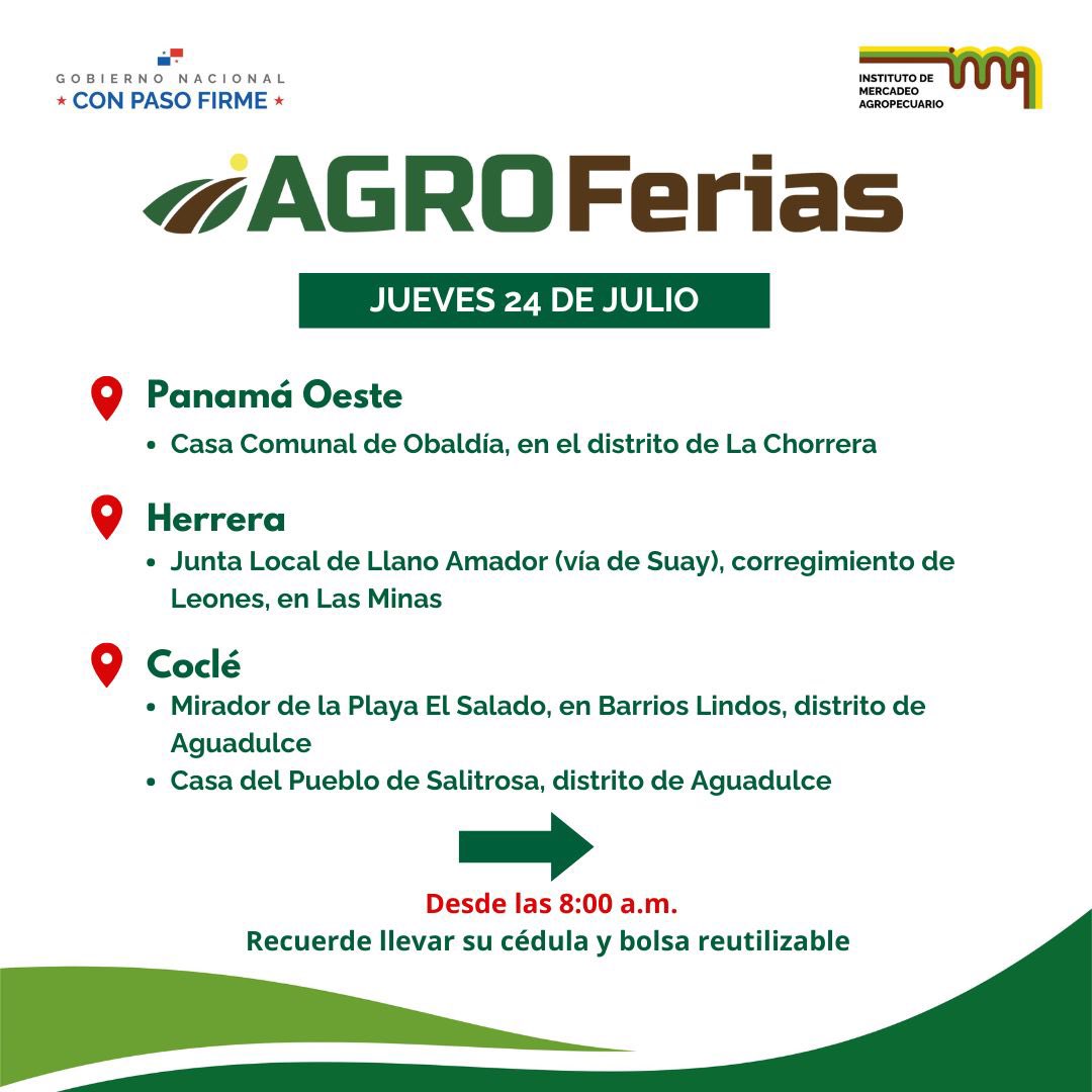 IMA_Pma's tweet image. Aquí están las agroferias del IMA programadas para el jueves 24.
📍Verifica las sedes de las ferias.
⏰Todas inician a las 8:00 a.m.
♻️Recuerda llevar bolsa reutilizable y cédula.
Apoya lo local, nuestra feria, nuestro orgullo.
#ConPasoFirme