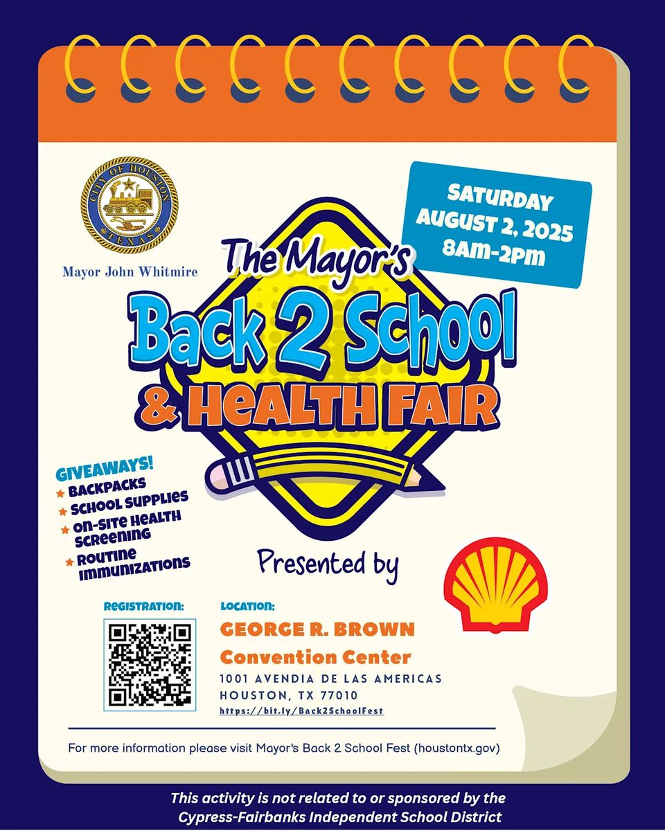 CyFairISD's tweet image. Save the date -- the Mayor's Back 2 School Fest is set for Saturday, Aug. 2 from 8 a.m. - 2 p.m. at the George R. Brown Convention Center (1001 Avenida de las Americas). Get backpacks, school supplies, health screenings and more! Visit buff.ly/JeLxlfd for more…