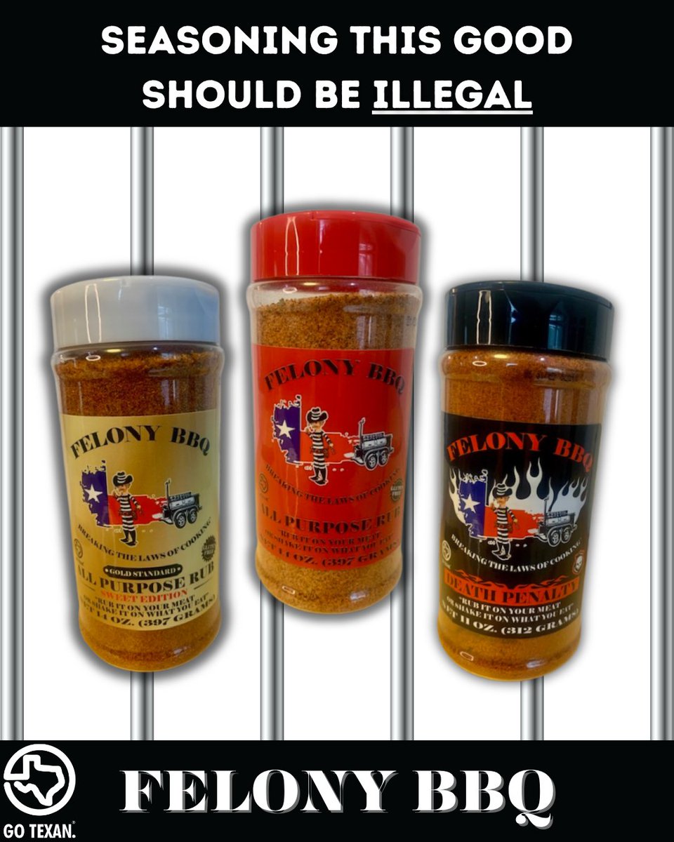 GOTEXAN's tweet image. Felony BBQ’s All-Purpose Rub is the secret weapon every Texas kitchen needs. Handcrafted and bold, it’s a pantry essential Commissioner Sid Miller stands behind.
One rub. Endless flavor. 100% Texan.
@BBqFelony
#GOTEXAN #TexasSpice #FlavorFelony #SupportTexas
