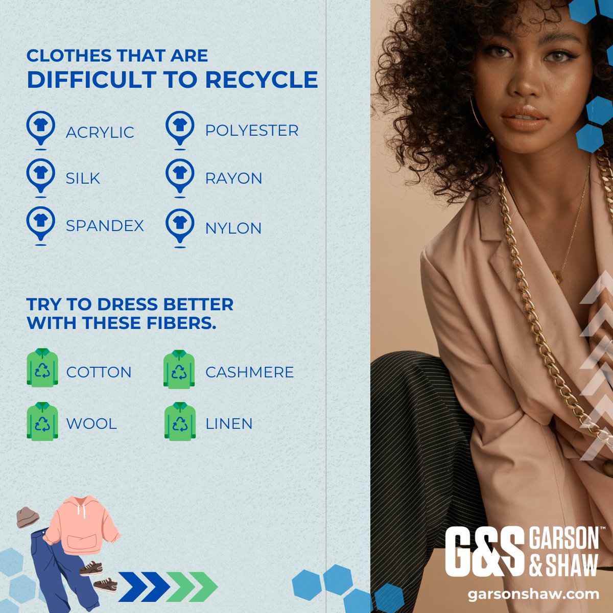 GarsonAndShaw's tweet image. ♻️ Did you know? Materials like nylon, spandex, and acrylic are extremely difficult to recycle.
That means most end up in landfills or incinerators — a big problem for textile circularity.
🔁 The best solution? #ReusebeforeRecycle. 
#GarsonShaw #SustainableFashion