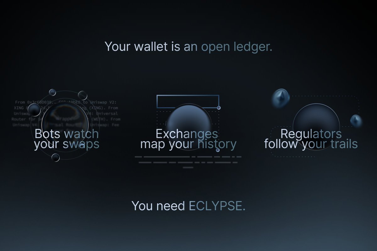 EclypseTrade's tweet photo. Forget mixers. 
Forget shields.

Your wallet is an open ledger:
▪️ Bots front-run your swaps
▪️ Exchanges mine your data
▪️ Regulators trace your history

You don’t need cover.
You need an identity engine that self-destructs.

You need ECLYPSE⚫️ https://t.co/048uoqxITb