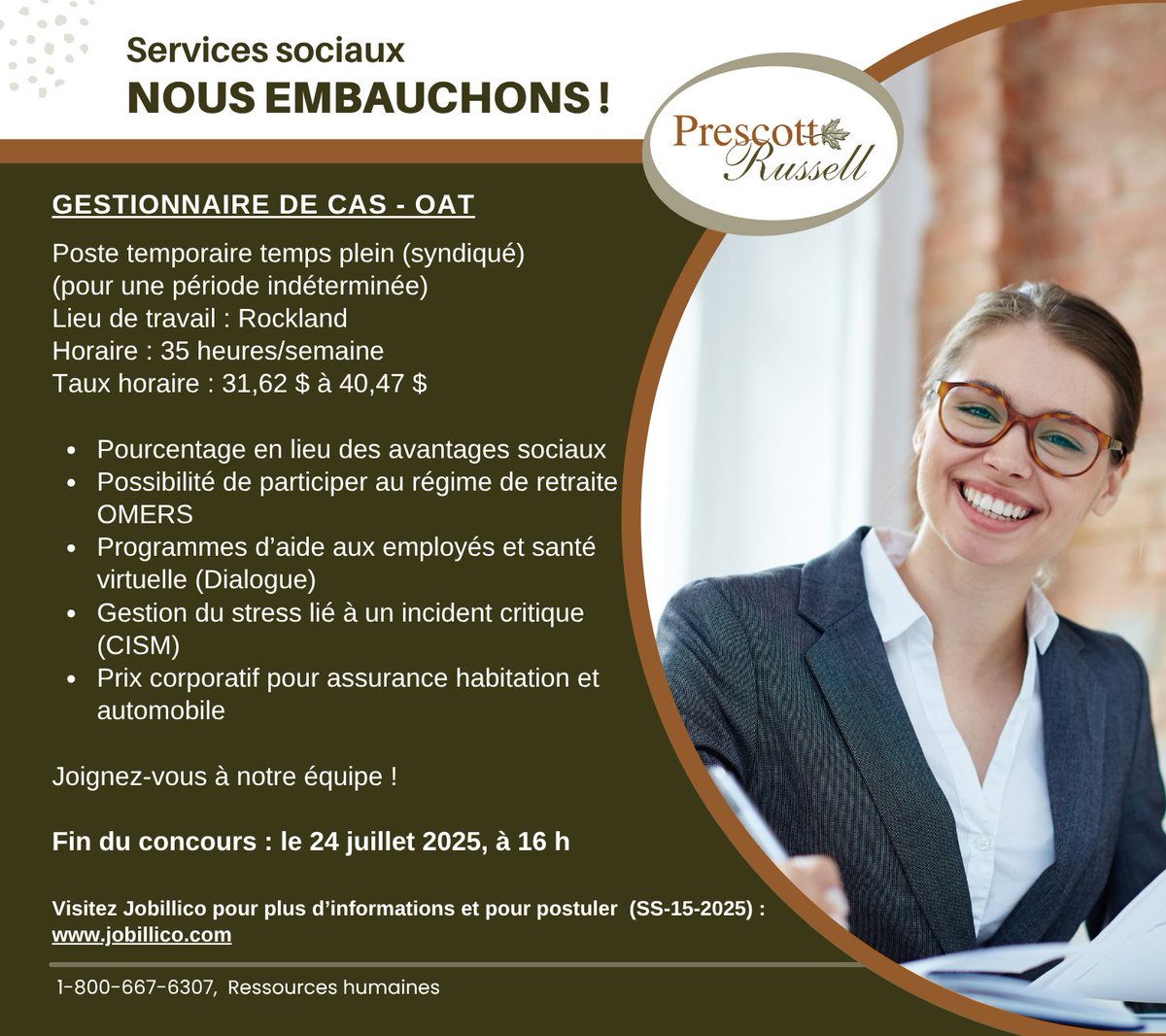 NOUS EMBAUCHONS! SERVICES SOCIAUX
GESTIONNAIRE DE CAS-OAT

👉LE POSTE
- Poste temporaire temps plein (syndiqué) (période indéterminée)
- Lieu de travail : Rockland
- Horaire : 35 heures/semaine
- Taux horaire : 31,62 $ à 40,47 $

👇POSTULER
- Jobillico : jobillico.com/fr/offre-d-emp…