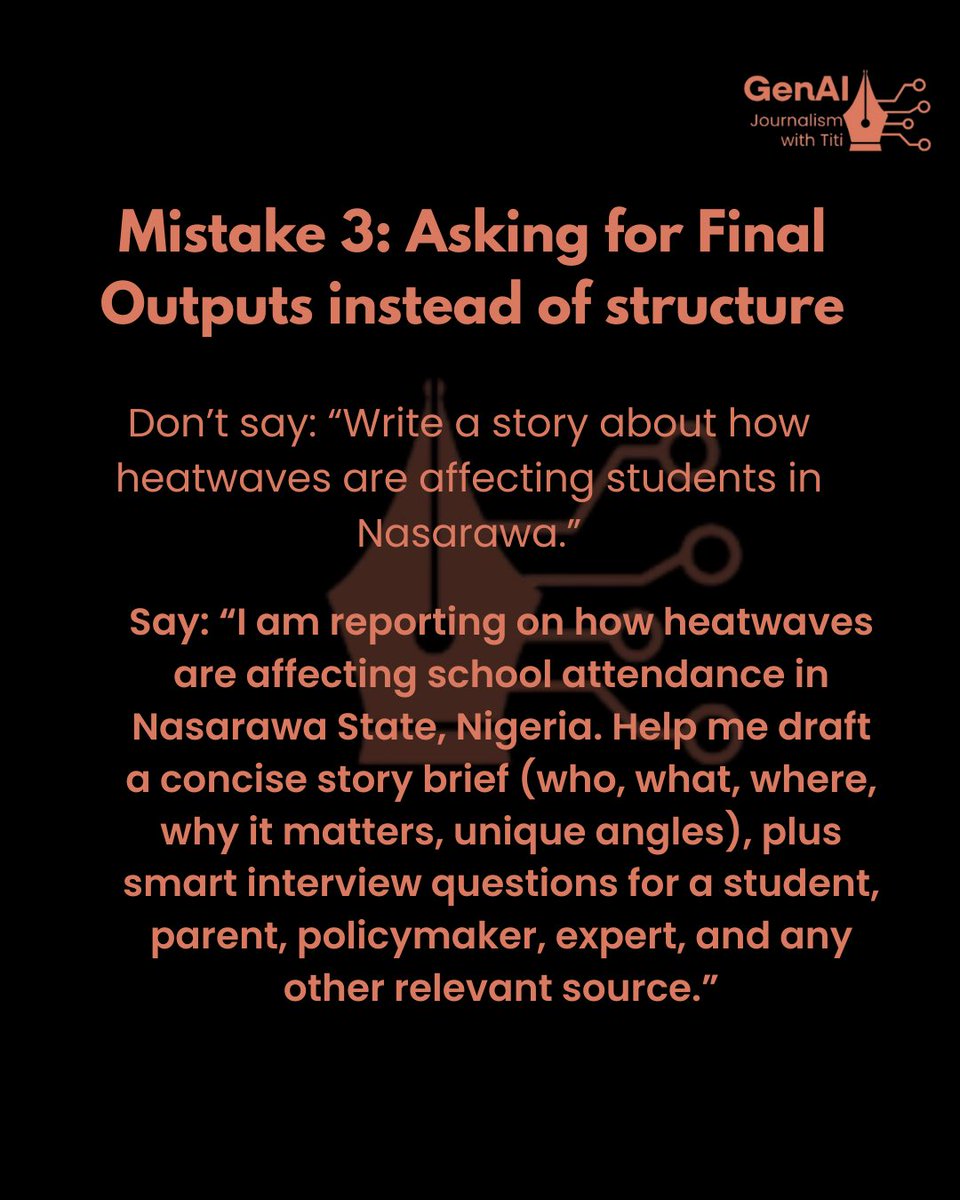 If you’re getting boring or irrelevant results from AI tools, the problem might be your prompt and not the tool.

Here are 5 common prompt mistakes journalists make and how to fix them.

I dropped real newsroom examples too. 👇🏽