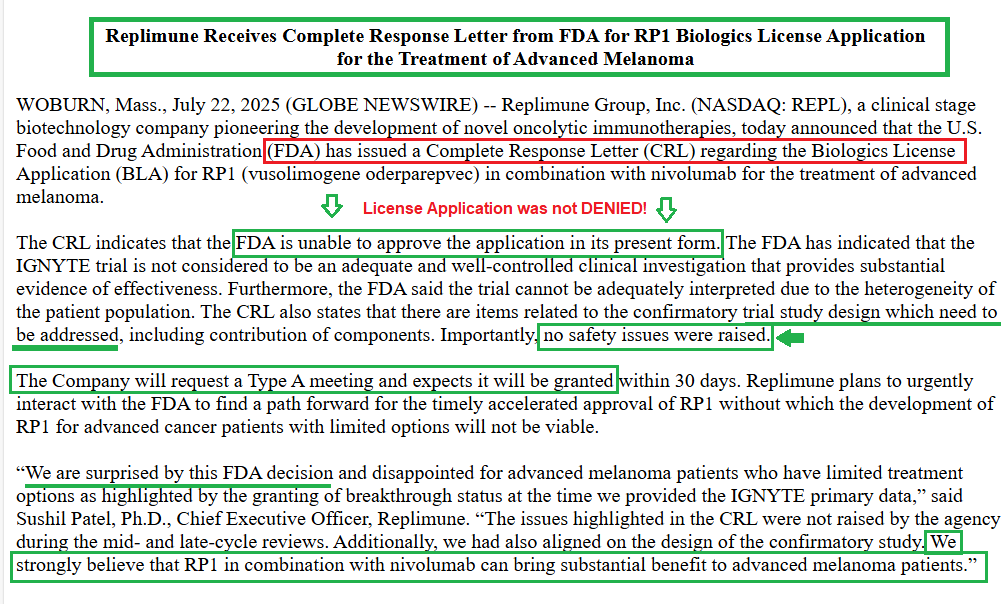 $REPL $3 (-75%) overreaction! I really think it'll reverse/recover back up in the upcoming sessions!
current cash value alone is $8.19!

Based on Today's FDA Response Letter: 
License Application for the Treatment of Advanced Melanoma wasn't permanently denied! Importantly, no