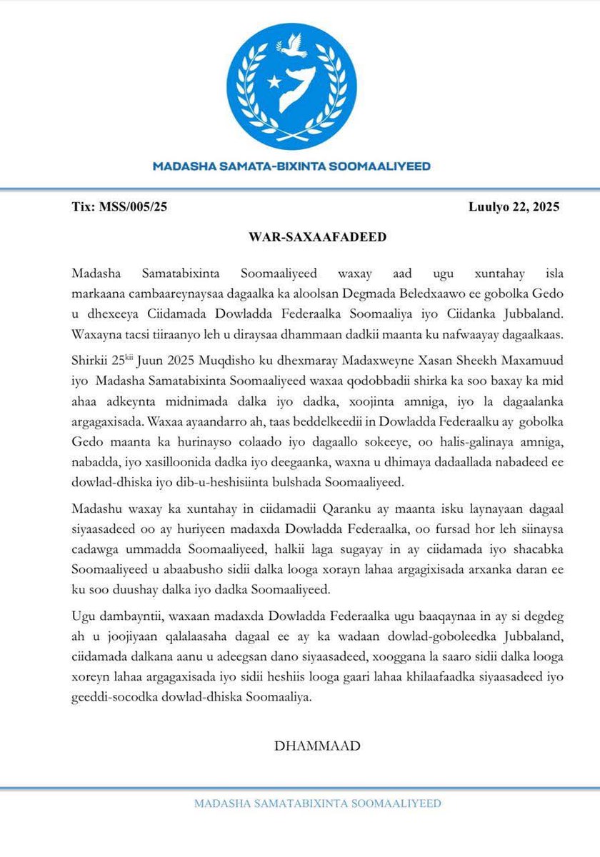 FiveSomalitv's tweet image. The Somali Salvation Forum has issued a strong statement condemning the ongoing fighting between national armed forces in #Gedo’s #Beled-Hawo district. The Forum says the conflict is politically driven, instigated by leaders of the Federal Government.

@HESharifShAhmed