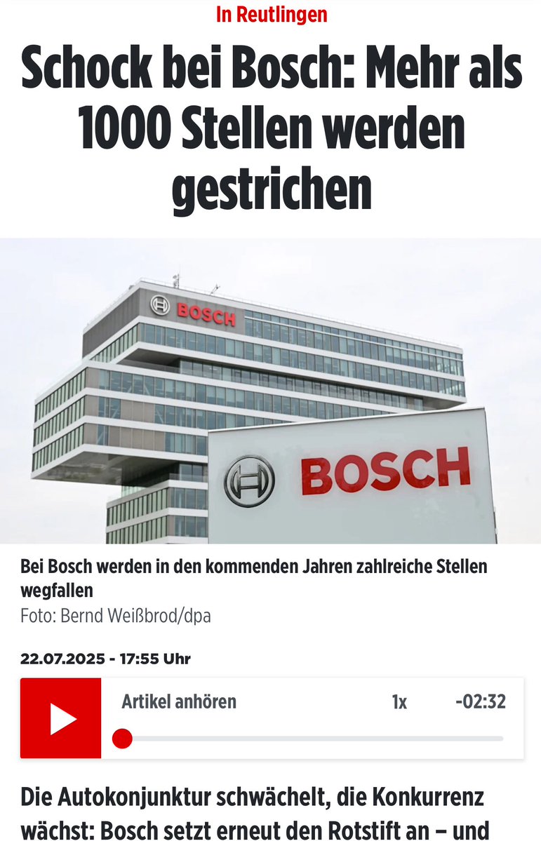 marcfriedrich7's tweet image. Der Niedergang geht weiter
1100 Stellen bei Bosch in Reutlingen
1300 in Schwäbisch Gmünd
460 in Abstatt
Weitere in Leonberg, Renningen, Schwieberdingen und Hildesheim.