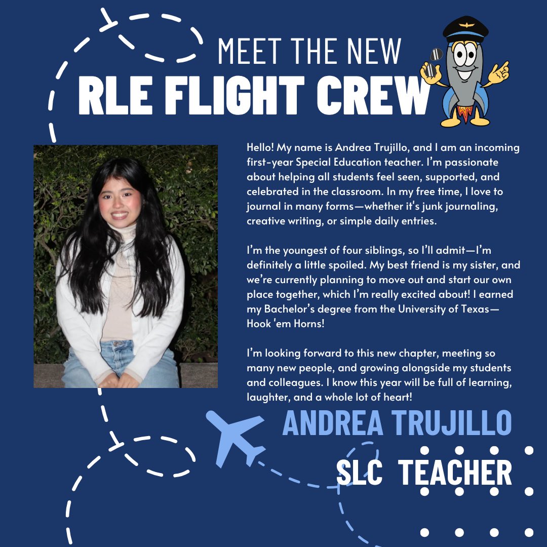 Say hello to our next RLE Flight Crew member… Ms. Andrea Trujillo! 🚀 She’ll be leading the way as one of our Structured Learning Classroom (SLC) teachers, and we are so excited to have her join the Rocket family! 🌟 With her dedication and heart for students, we know she’s