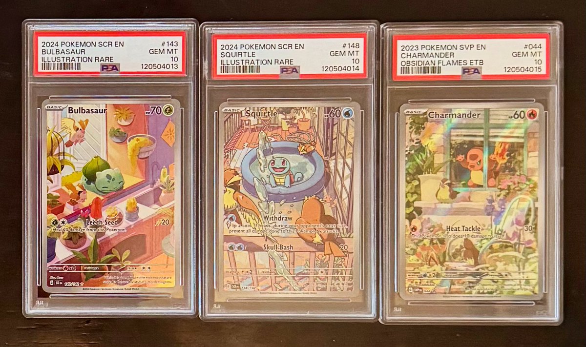 creampuffL2's tweet image. Picked up 3 cards submitted to PSA through GameStop last week and was very happy to see this trio again with their good grades 🥰🥰🥰