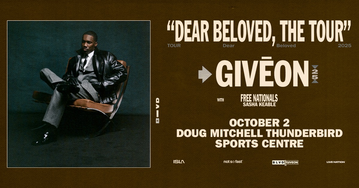 Dear Beloved, he’s coming. <a href="/giveon/">Giveon</a> brings Dear Beloved, The Tour to Doug Mitchell Thunderbird Sports Centre on October 2nd. Tickets on sale Friday, July 25th @ 10AM local 🥀 bit.ly/46XBR6j