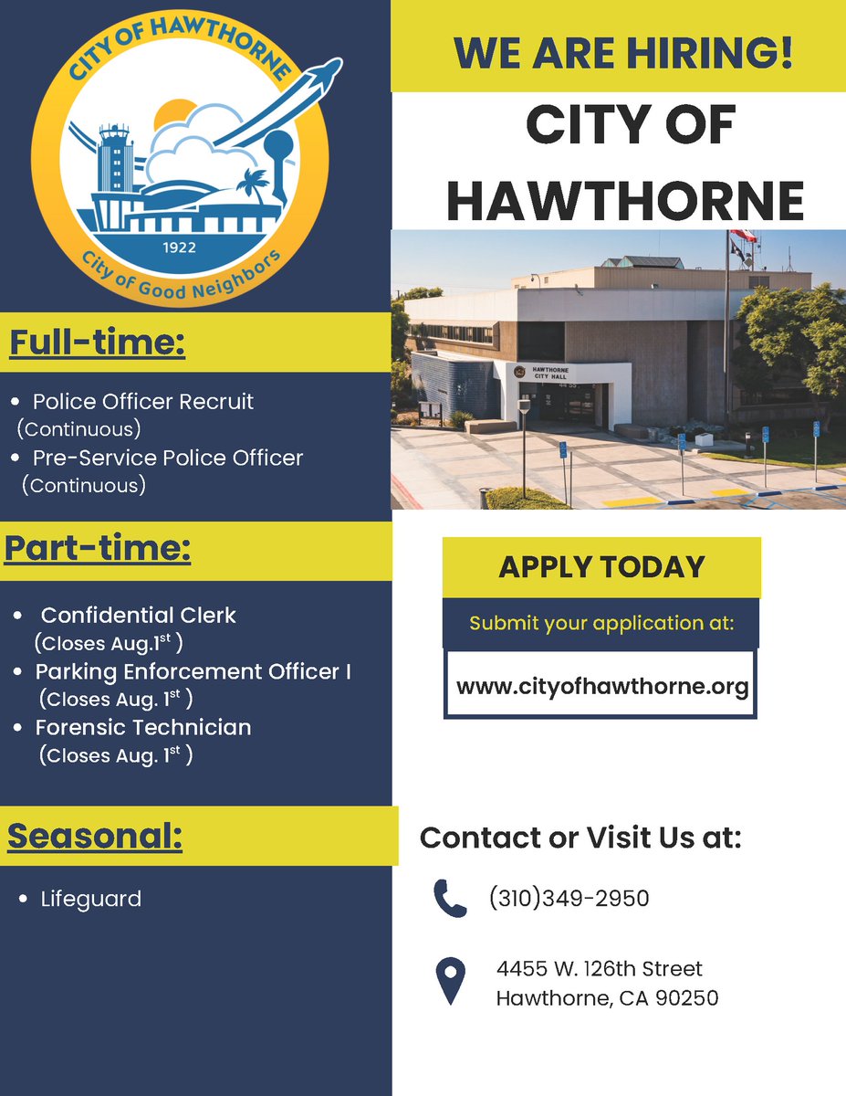 hawthorneCAL's tweet image. City of Hawthorne is hiring! Take a look at the flyer to see what positions are available...