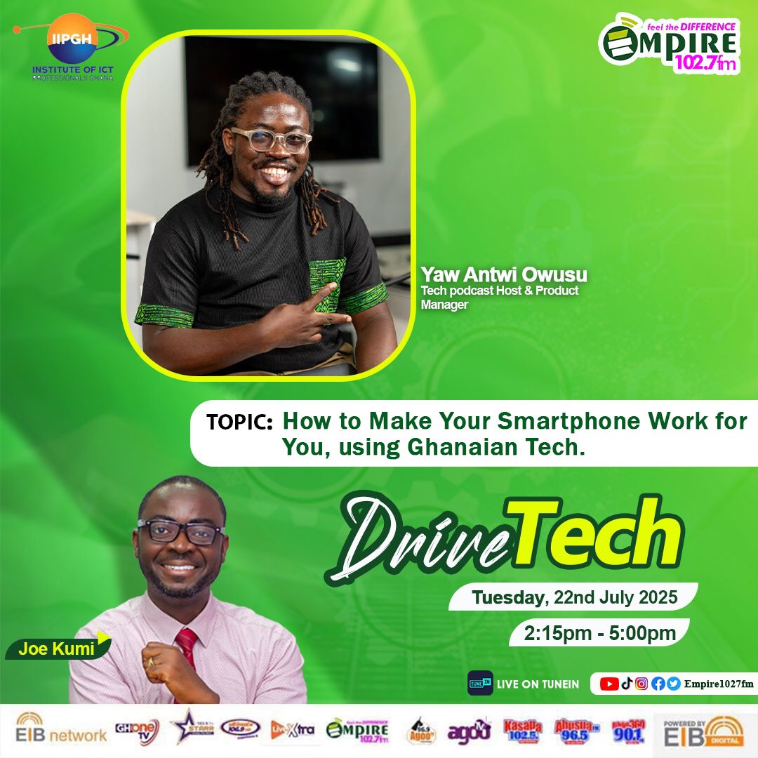 Just wrapped another #DriveTech session on <a href="/empire1027fm/">Empire FM Takoradi</a> with Joe Kumi!

Highlighted how Ghanaian apps like @tendohq, <a href="/eCampusLLC/">eCampus</a>, <a href="/OZE/">Oze</a>, and <a href="/built_africa/">Built Financial Technologies</a> can help turn your phone into a tool for learning, earning, &amp; managing money.

#GhanaTechToTheWorld