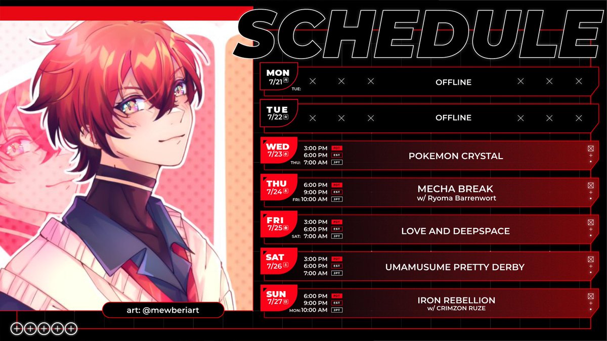 machinaxflayon's tweet image. 🪫 SCHEDULE 🪫
WEEK: July 21 - 27
🗝️art: @/mewberiart
POKEMON YIPPEE I can beat the Elite Four, maybe.
MECHA BREAK w/ Mr Ryoma Barrenwort !!
Iron Rebellion w/ CRIMZON RUZE ?!
🔴Live: #FlayOnAir
🎨Art: #FlayonsCrayons
🎞️Clips: #FlayOnWords