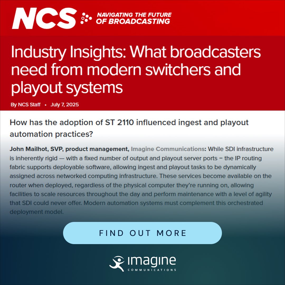 Imagine Comms (@imagine_comms) on Twitter photo 💭What does the modern control room look like? Imagine's John Mailhot joins the <a href="/NewscastStudio/">NCS | NewscastStudio</a> roundtable to discuss IP, ST 2110, orchestration, and the shift toward flexible, distributed broadcast operations.
Read more: myimagine.tech/4o33yRd #BroadcastTechnology #ST2110 💭What does the modern control room look like? Imagine's John Mailhot joins the <a href="/NewscastStudio/">NCS | NewscastStudio</a> roundtable to discuss IP, ST 2110, orchestration, and the shift toward flexible, distributed broadcast operations.
Read more: myimagine.tech/4o33yRd #BroadcastTechnology #ST2110