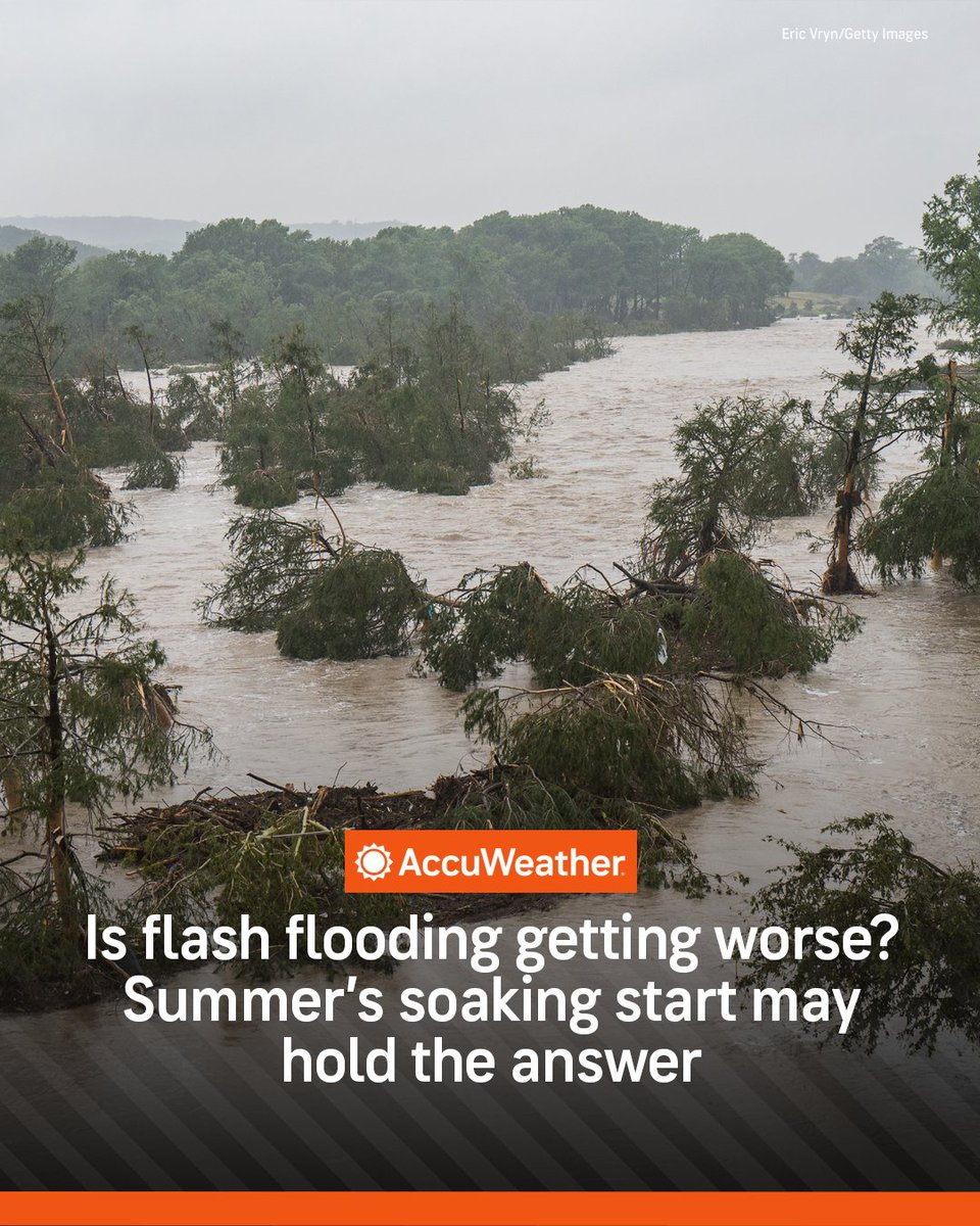 accuweather's tweet image. If it feels like flash flooding is everywhere, you're not imagining it. 2025 is shaping up to be one of the most flood-impacted summers on record in the US. bit.ly/4lEtwc6