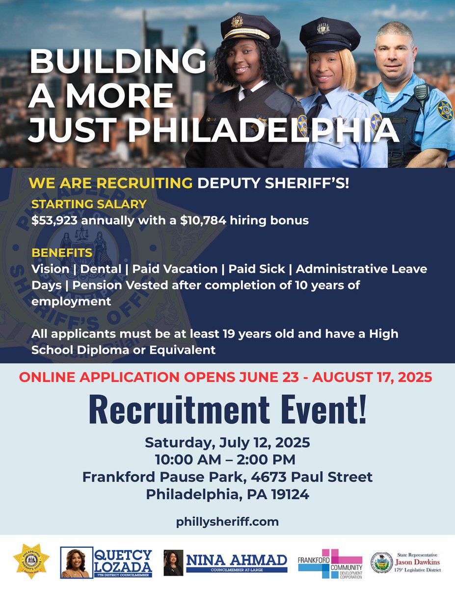 cmninaahmad's tweet image. The Sheriff&apos;s Office is now recruiting Deputy Sheriffs!
Starting salary: $53,923 + $10,784 hiring bonus
Benefits include: Dental, Vision, Paid Leave, Pension &amp;amp; More Apply online: June 23 - August 17, 2025
#cmahmad