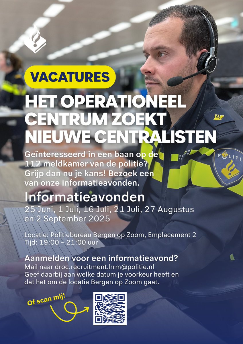 POL_Zeeland's tweet image. We hebben nieuwe vacatures op de 112 meldkamer in #BergenopZoom
Interesse? Bezoek dan de informatieavonden
Bekijk alle data op de poster
Klik op de link voor alle informatie
kombijde.politie.nl/vacatures/cent…